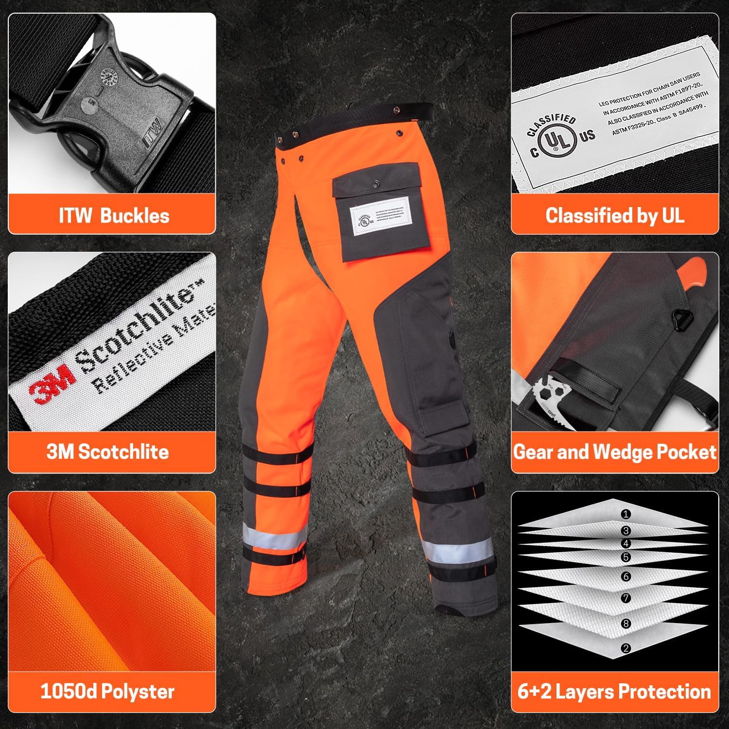 Technical Wrap Chainsaw Chaps by UL Class A 8 Layers Chainsaw Pants Apron Style Orange Black – Bild 8
